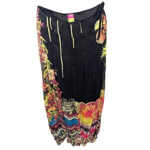 SAVE THE QUEEN 100% Silk Maxi Skirt Floral Wearable Art Italy Womens L Black